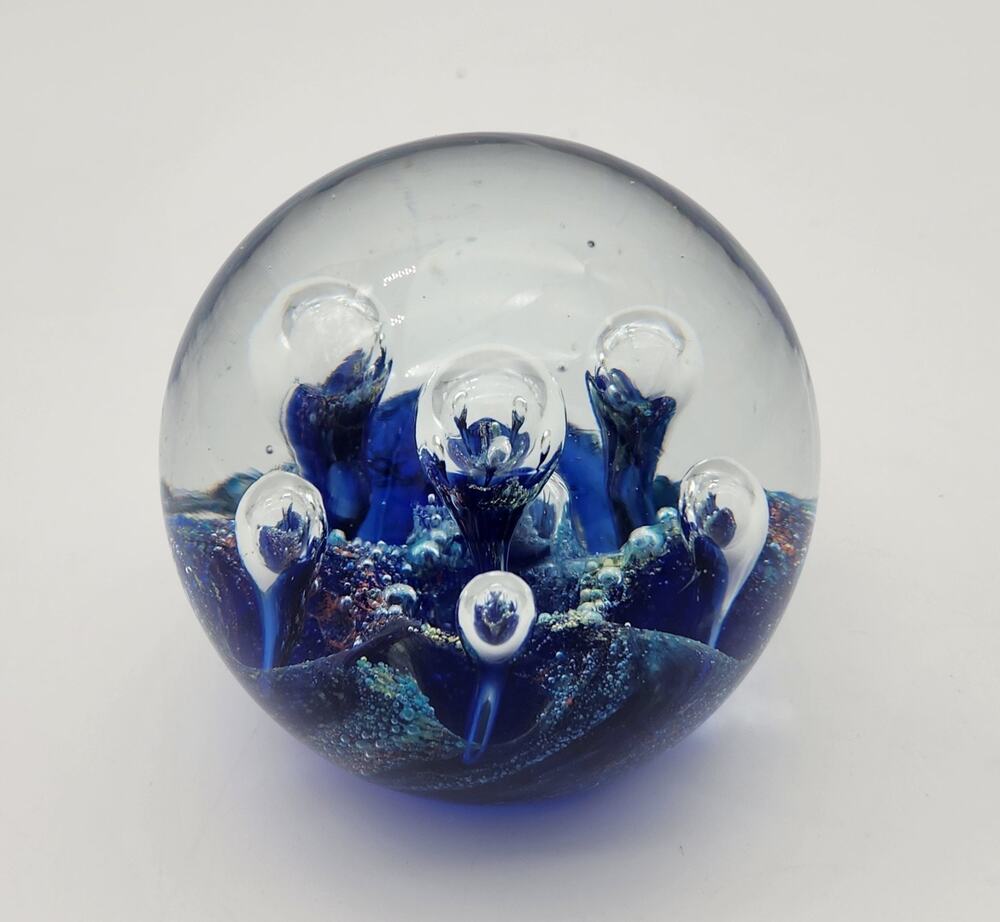 Hand Blown Glass Paperweight Ocean Sea Bubbles Swirl Art Sculpture